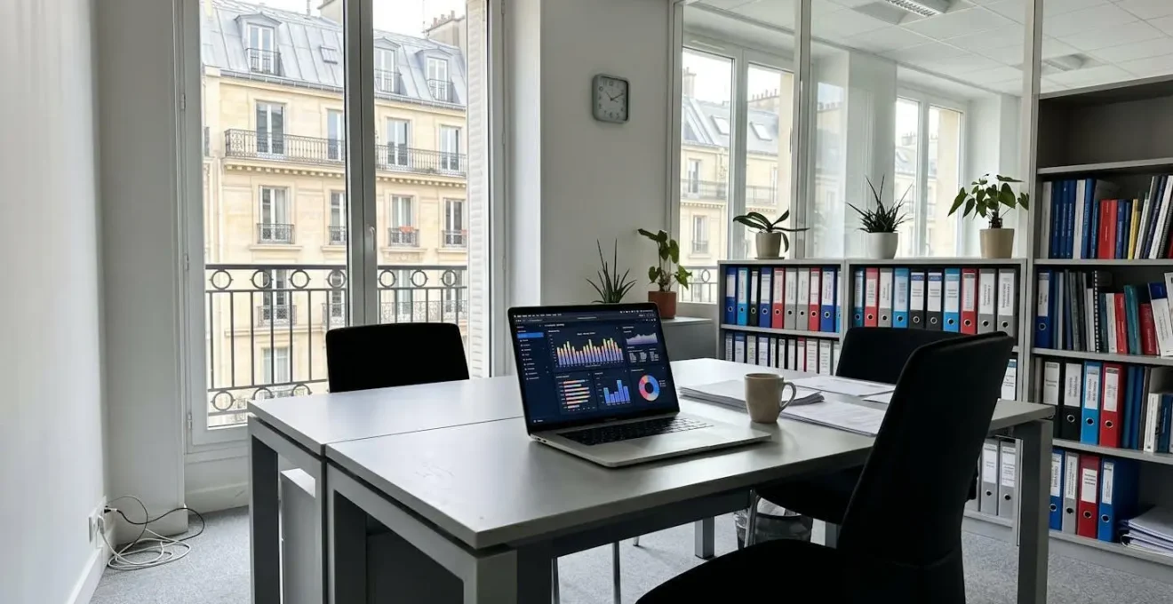 Bureau de conseiller financier contemporain vide avec table épurée, ordinateur portable fermé et chemises de documents rangées sous lumière naturelle