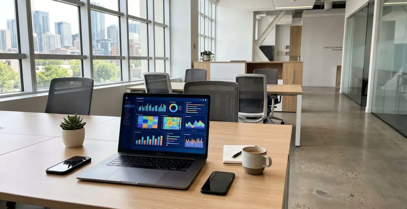 Bureau professionnel contemporain épuré et lumineux avec une grande fenêtre laissant entrer une lumière naturelle abondante, espace de travail vide et serein