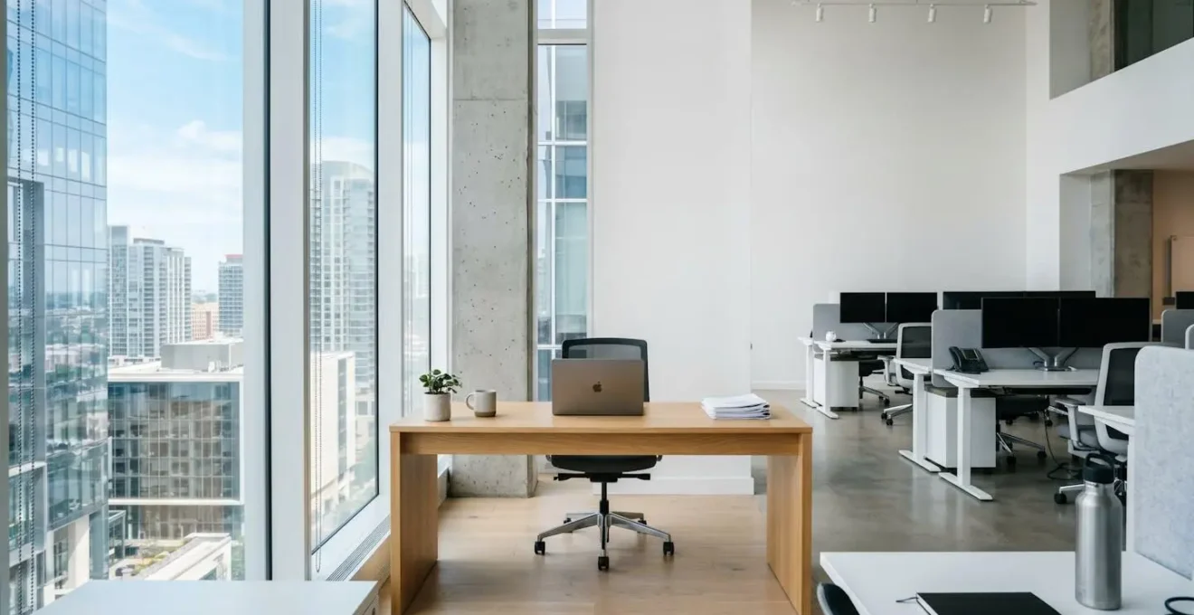 Bureau professionnel contemporain épuré et lumineux avec une grande fenêtre laissant entrer une lumière naturelle abondante, espace de travail vide et serein