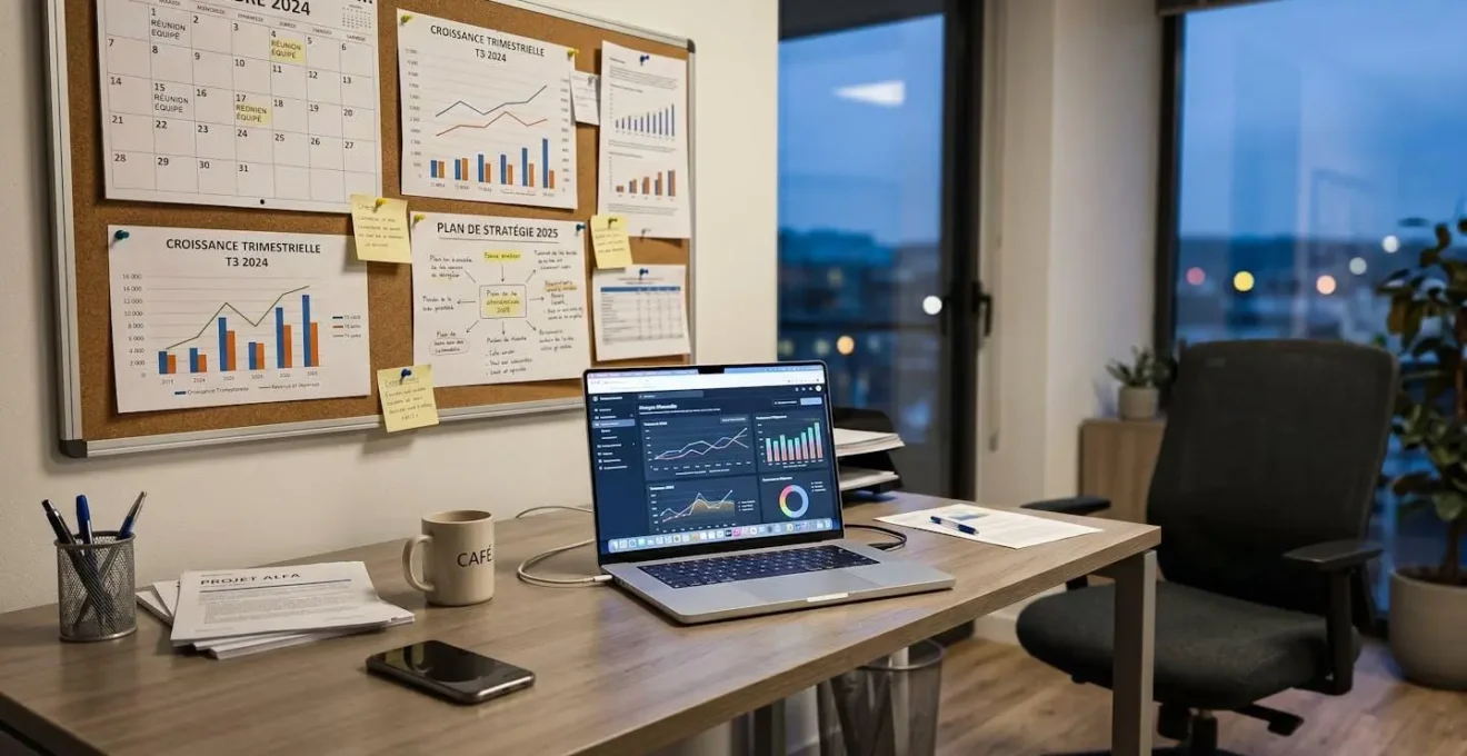 Bureau professionnel contemporain épuré et lumineux avec une grande fenêtre laissant entrer une lumière naturelle abondante, espace de travail vide et serein