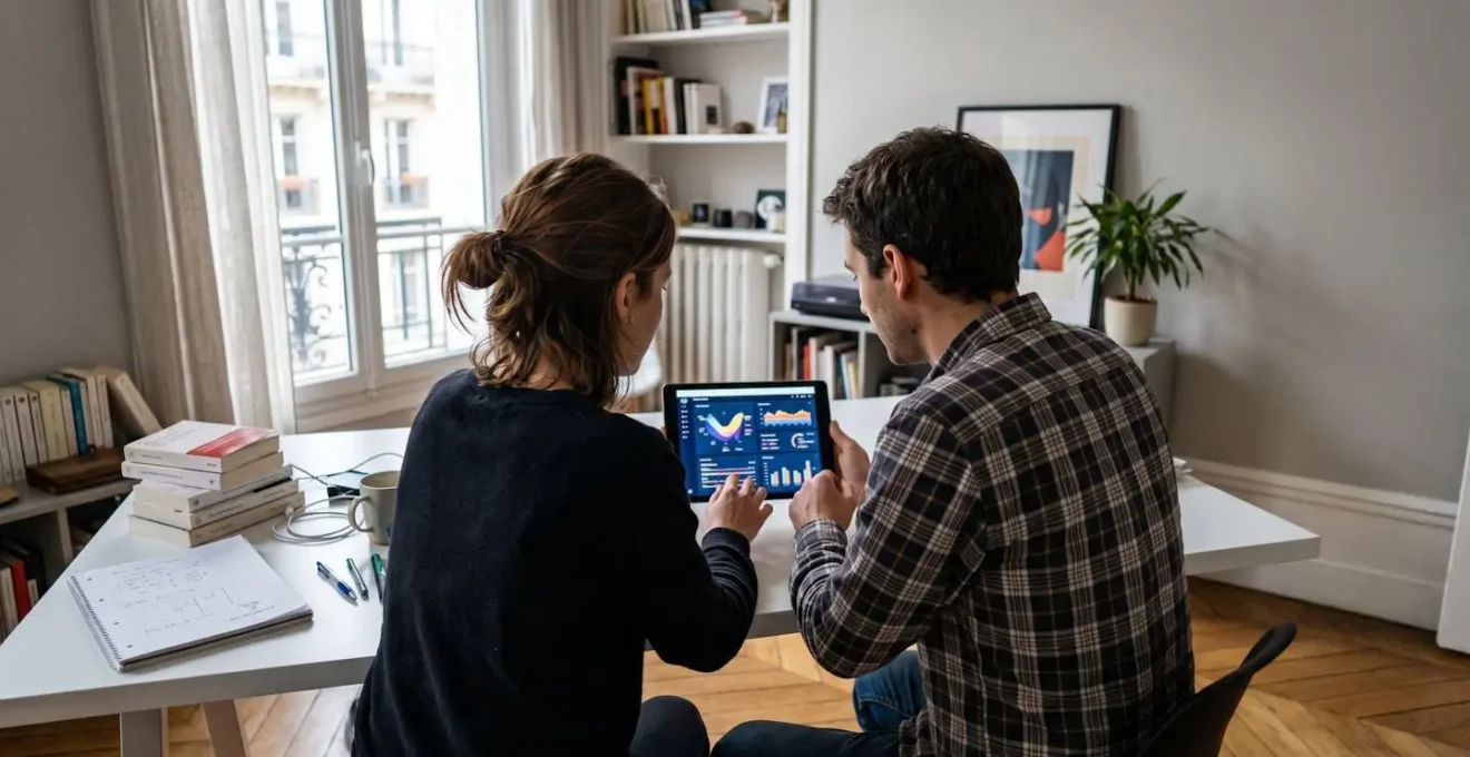 Un couple vu de dos assis à une table moderne consulte ensemble des documents financiers sur une tablette dans un intérieur contemporain lumineux