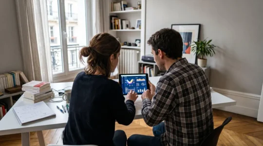 Un couple vu de dos assis à une table moderne consulte ensemble des documents financiers sur une tablette dans un intérieur contemporain lumineux