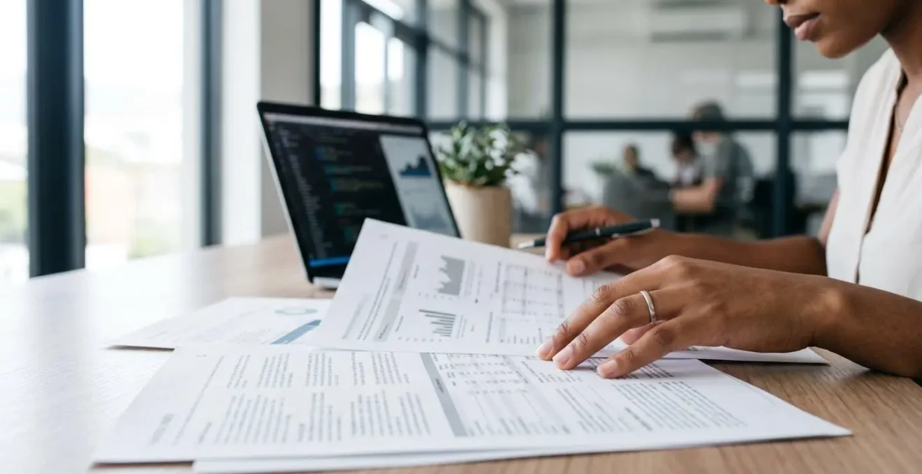 Mains d'entrepreneur analysant des documents de crédit professionnel posés sur un bureau moderne avec un ordinateur portable en arrière-plan