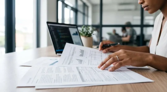 Mains d'entrepreneur analysant des documents de crédit professionnel posés sur un bureau moderne avec un ordinateur portable en arrière-plan