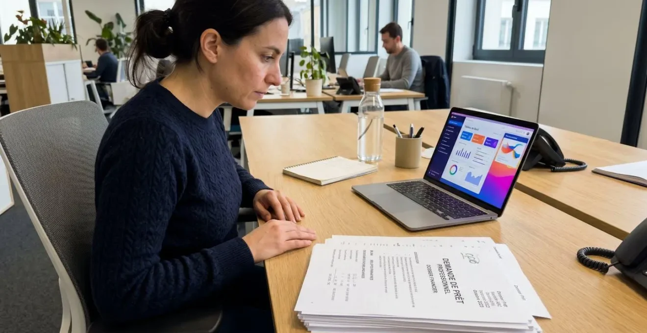 Mains d'entrepreneur analysant des documents de crédit professionnel posés sur un bureau moderne avec un ordinateur portable en arrière-plan