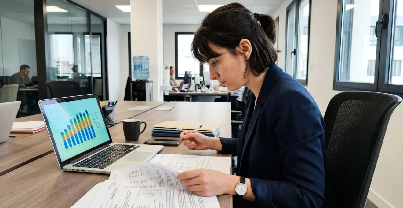 Mains d'entrepreneur analysant des documents de crédit professionnel posés sur un bureau moderne avec un ordinateur portable en arrière-plan