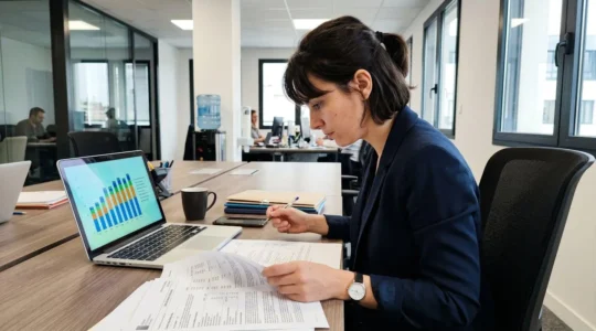 Mains d'entrepreneur analysant des documents de crédit professionnel posés sur un bureau moderne avec un ordinateur portable en arrière-plan