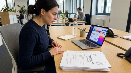 Mains d'entrepreneur analysant des documents de crédit professionnel posés sur un bureau moderne avec un ordinateur portable en arrière-plan