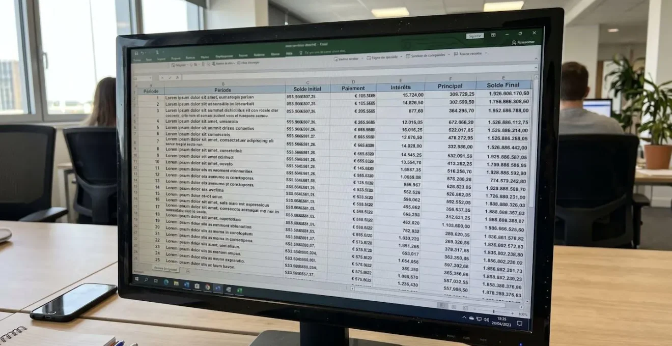 Gros plan sur un écran d'ordinateur affichant un tableau financier avec des colonnes structurées, chiffres volontairement floutés pour préserver l'anonymat