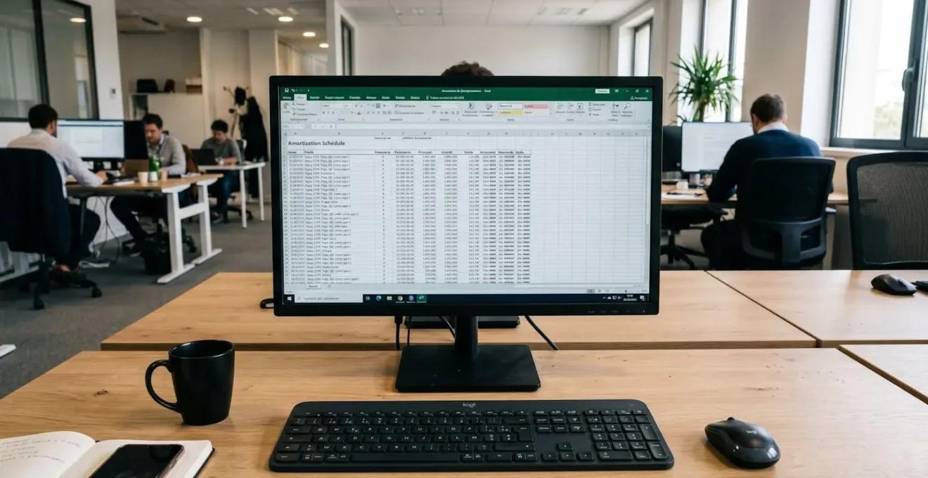 Gros plan sur un écran d'ordinateur affichant un tableau financier avec des colonnes structurées, chiffres volontairement floutés pour préserver l'anonymat