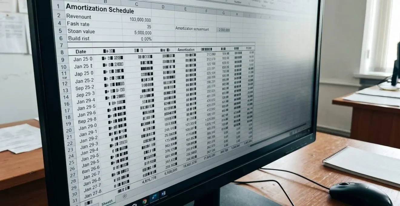 Gros plan sur un écran d'ordinateur affichant un tableau financier avec des colonnes structurées, chiffres volontairement floutés pour préserver l'anonymat