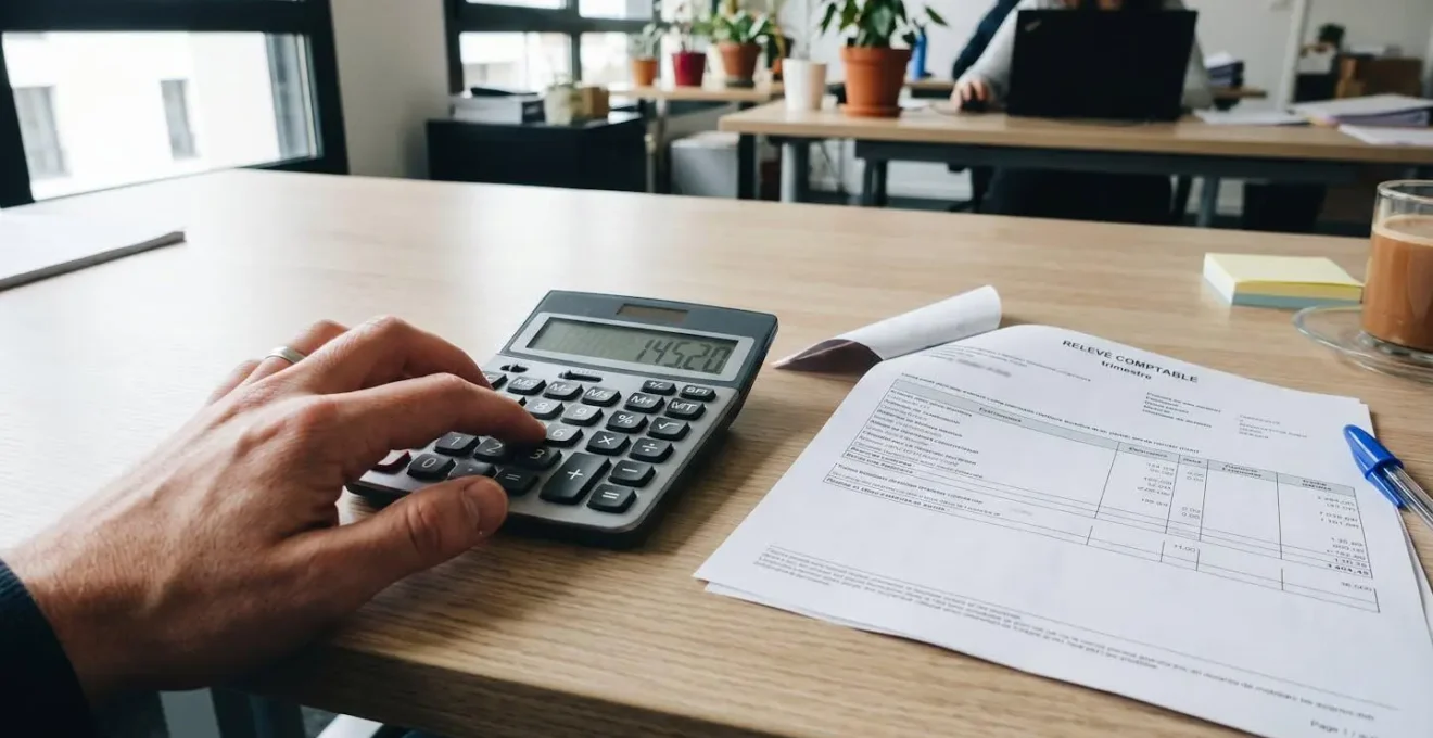 Gros plan sur des mains manipulant une calculatrice moderne posée sur un bureau épuré avec un document de contrat d'assurance partiellement visible en arrière-plan flouté