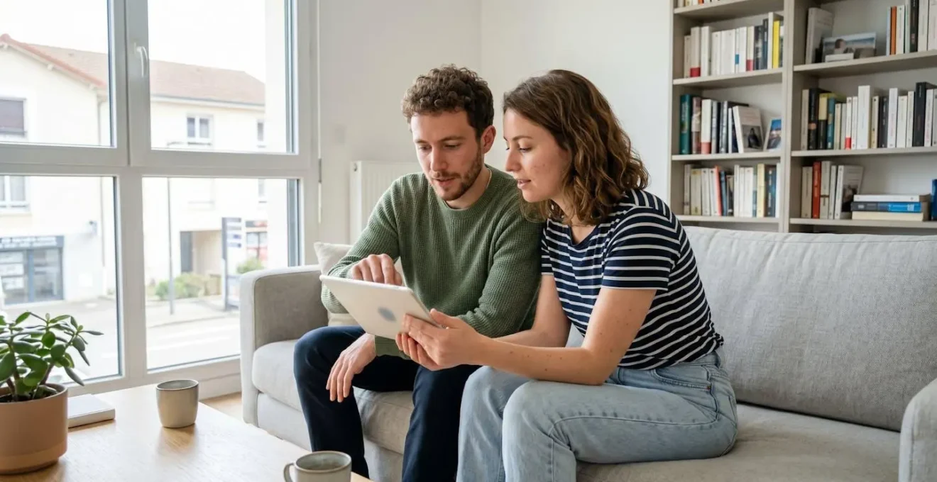 Un couple vu de profil assis sur un canapé contemporain consulte ensemble une tablette dans un salon lumineux