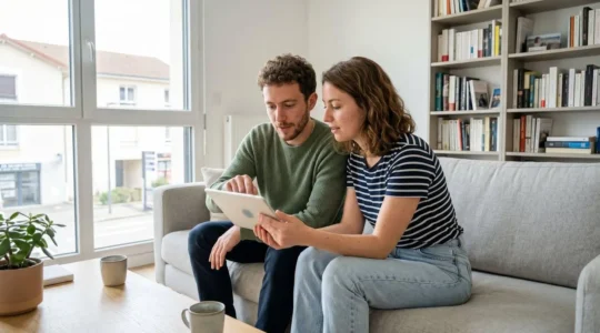 Un couple vu de profil assis sur un canapé contemporain consulte ensemble une tablette dans un salon lumineux