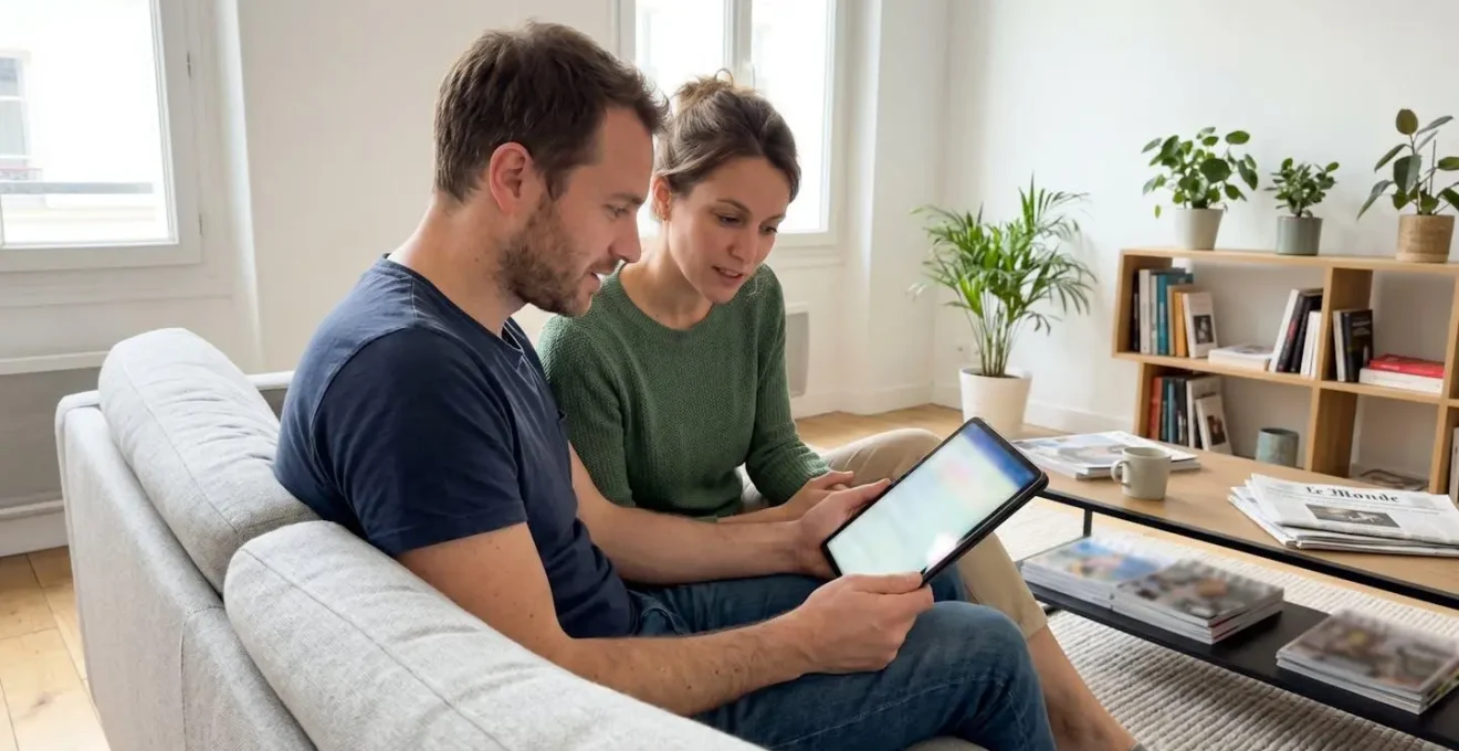 Un couple vu de profil assis sur un canapé contemporain consulte ensemble une tablette dans un salon lumineux