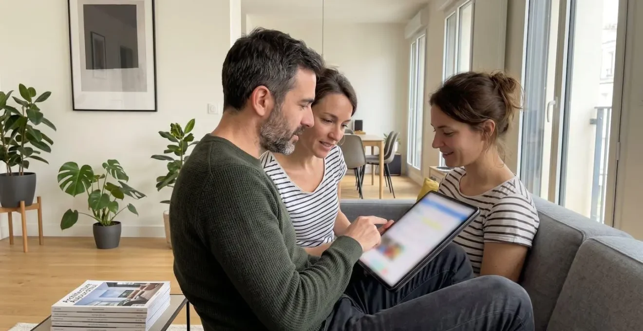 Un couple vu de profil assis sur un canapé contemporain consulte ensemble une tablette dans un salon lumineux