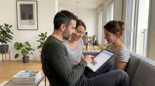 Un couple vu de profil assis sur un canapé contemporain consulte ensemble une tablette dans un salon lumineux