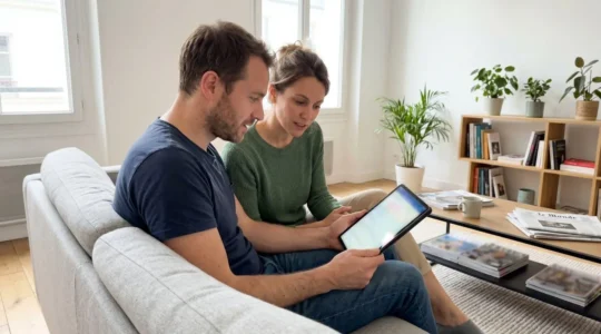 Un couple vu de profil assis sur un canapé contemporain consulte ensemble une tablette dans un salon lumineux