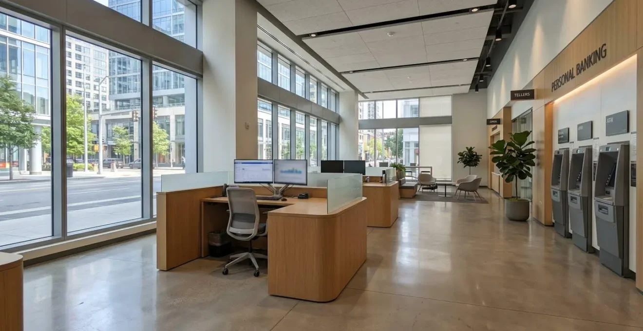 Vue grand angle sur l'intérieur vide et contemporain d'une agence bancaire avec bureau de conseiller et écrans, lumière naturelle abondante
