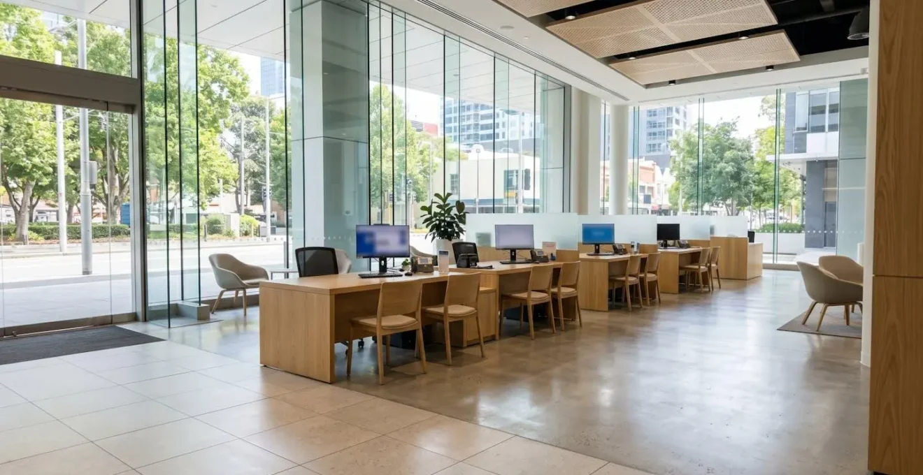 Vue grand angle sur l'intérieur vide et contemporain d'une agence bancaire avec bureau de conseiller et écrans, lumière naturelle abondante