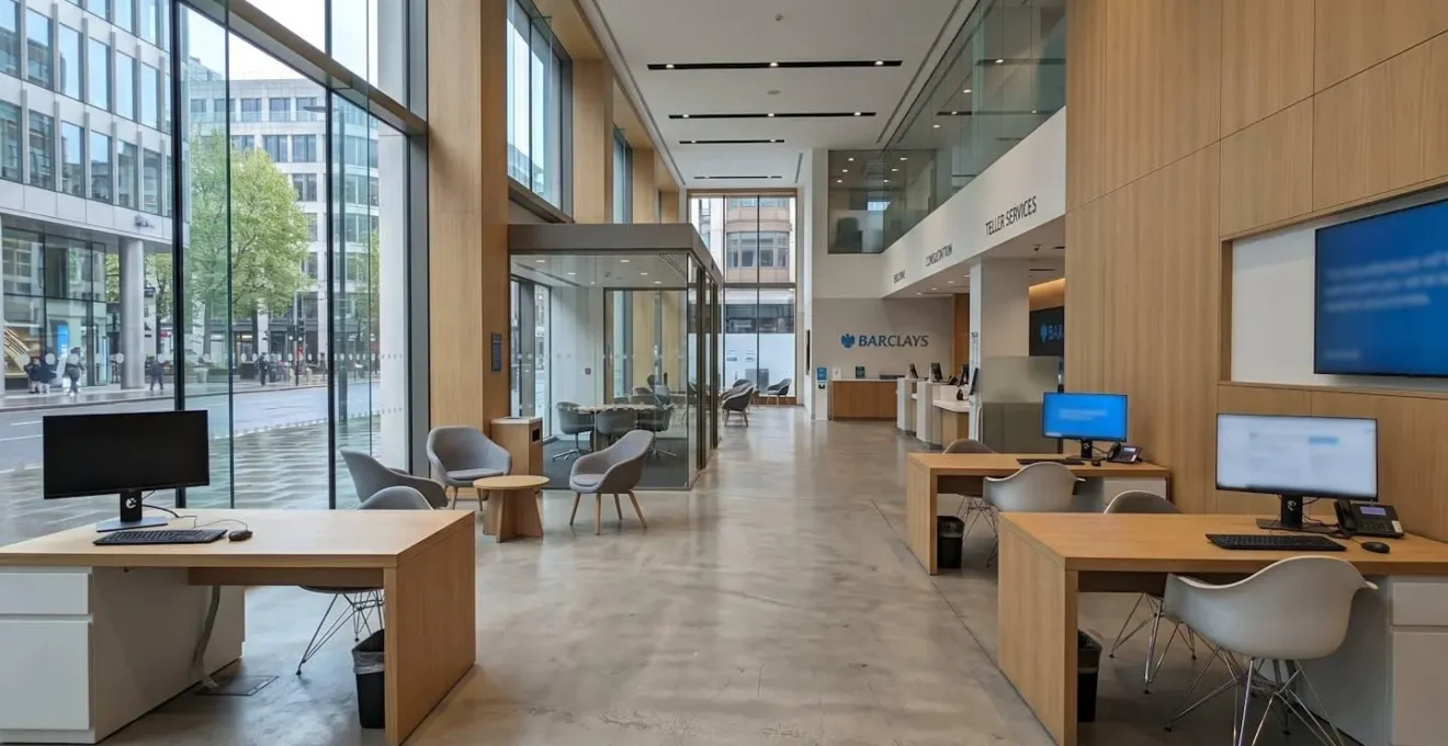 Vue grand angle sur l'intérieur vide et contemporain d'une agence bancaire avec bureau de conseiller et écrans, lumière naturelle abondante