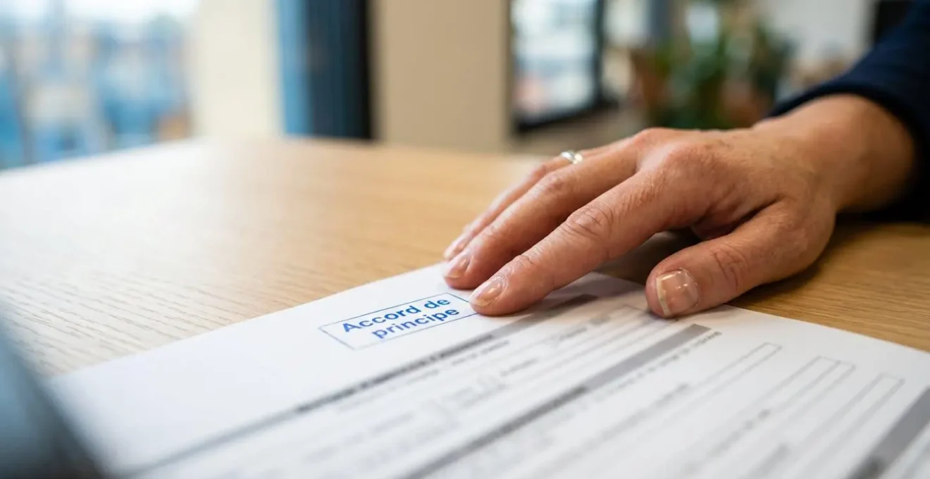 Gros plan sur une main posée sur un document de prêt immobilier avec un tampon rouge indiquant Accord de principe, surface de bureau moderne épurée