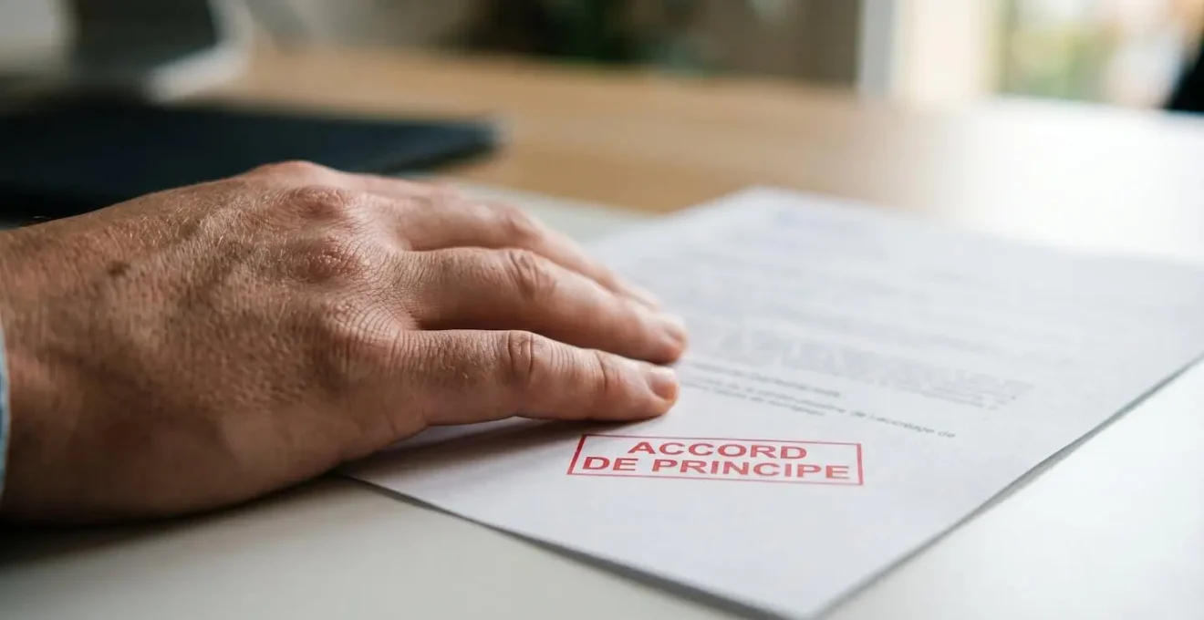 Gros plan sur une main posée sur un document de prêt immobilier avec un tampon rouge indiquant Accord de principe, surface de bureau moderne épurée