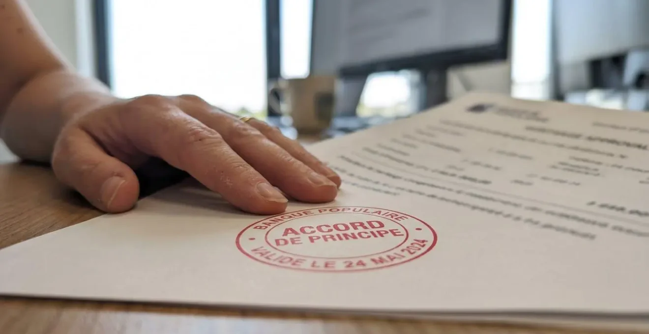 Gros plan sur une main posée sur un document de prêt immobilier avec un tampon rouge indiquant Accord de principe, surface de bureau moderne épurée