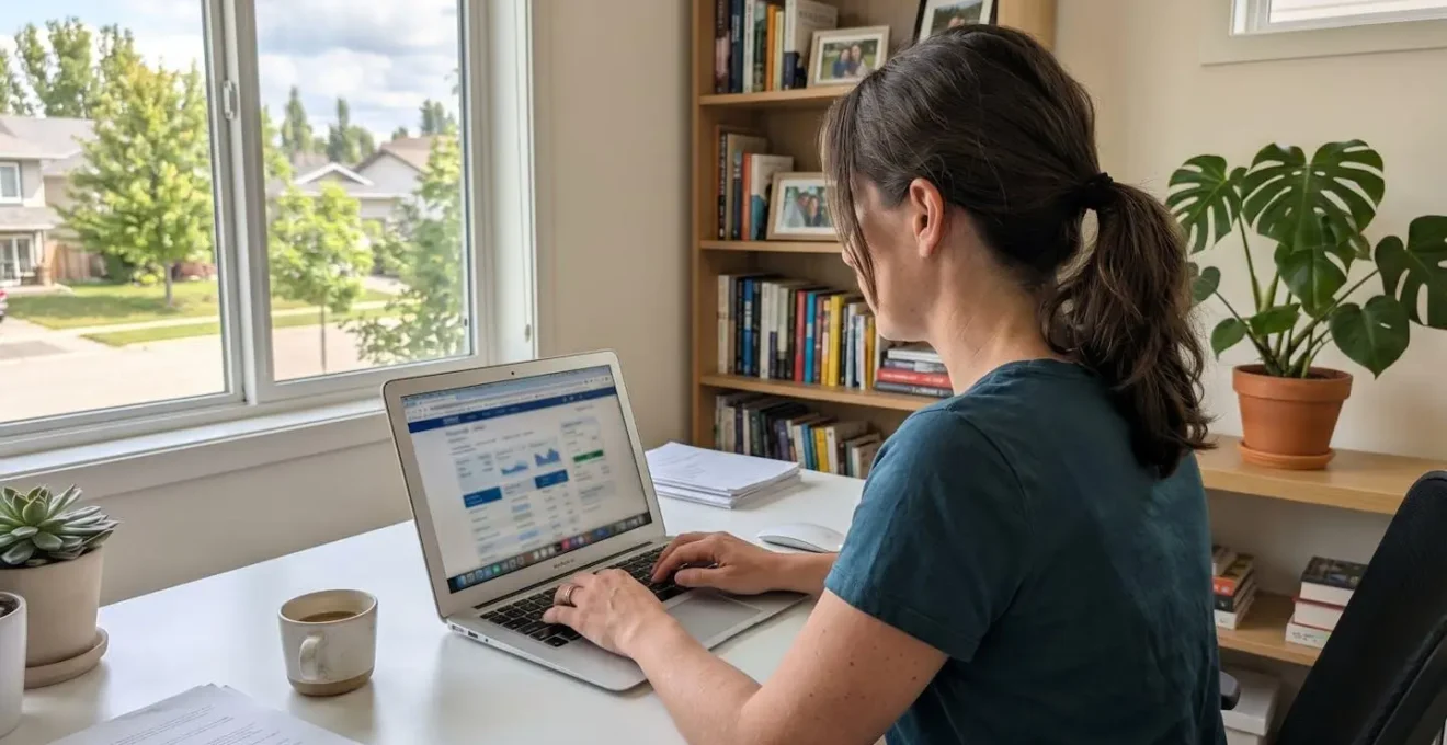 Vue de dos sur une personne assise à un bureau consultant un ordinateur portable avec interface de simulation floue, home office contemporain lumineux