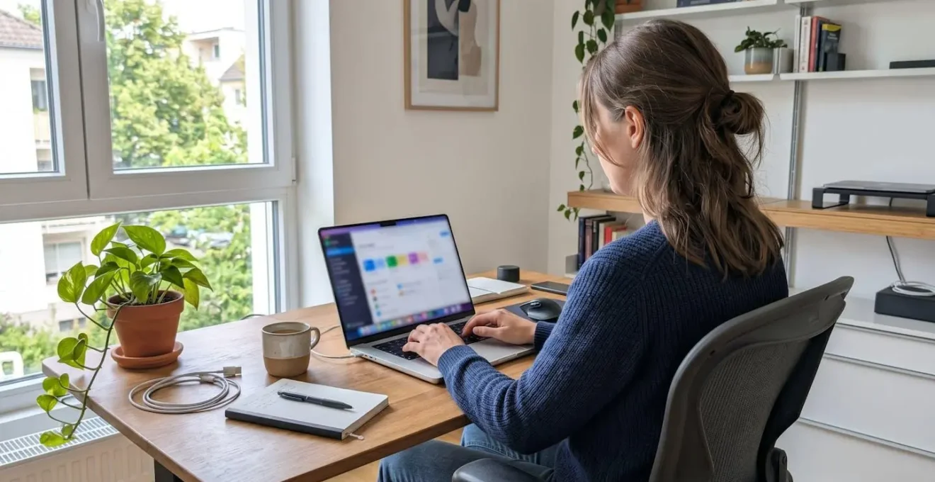 Vue de dos sur une personne assise à un bureau consultant un ordinateur portable avec interface de simulation floue, home office contemporain lumineux