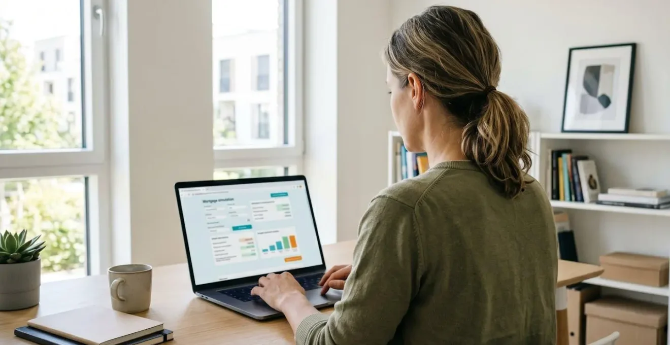 Vue de dos sur une personne assise à un bureau consultant un ordinateur portable avec interface de simulation floue, home office contemporain lumineux