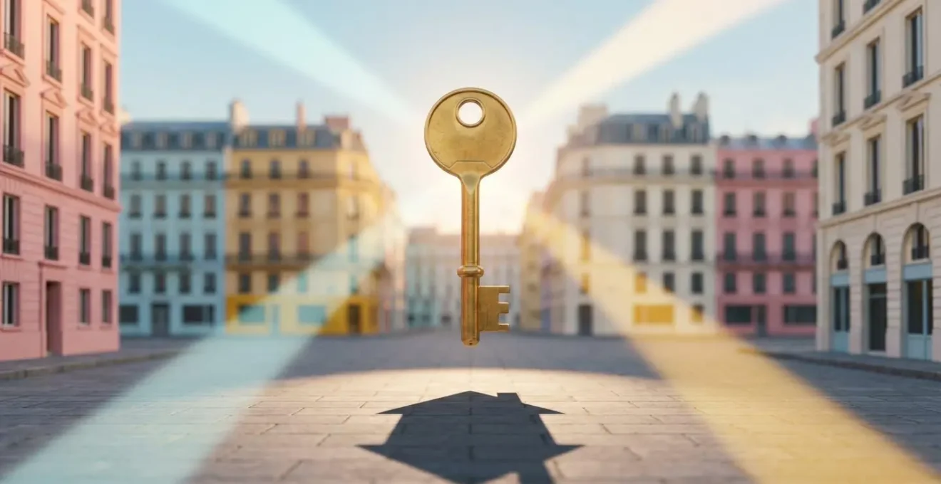 Clé dorée géante flottant devant skyline urbaine avec quatre rayons lumineux convergeant, photographiée en lumière dorée avec composition symétrique