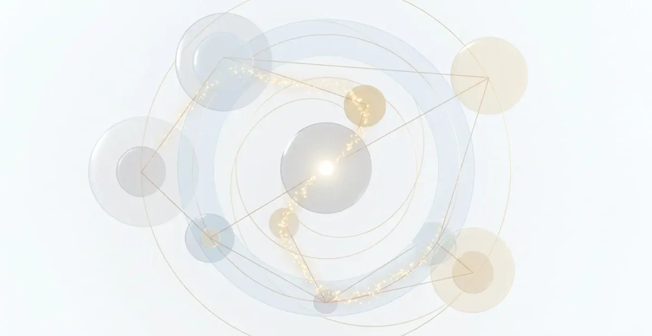 Composition abstraite minimaliste montrant réseau cercles translucides interconnectés par lignes dorées convergeant vers nœud lumineux central sur fond blanc