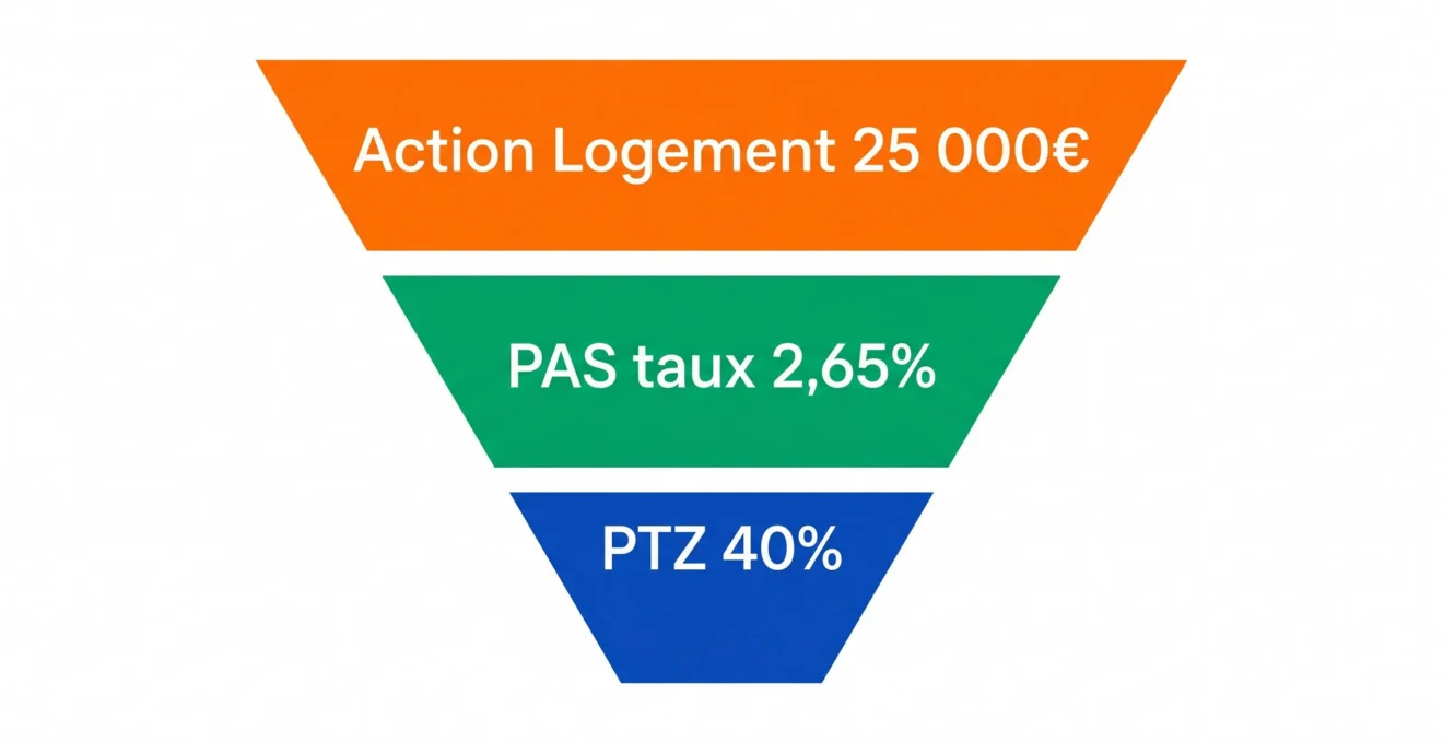 Diagramme en pyramide inversée à trois couches colorées montrant la superposition des dispositifs PTZ, PAS et Action Logement avec leurs montants respectifs en français