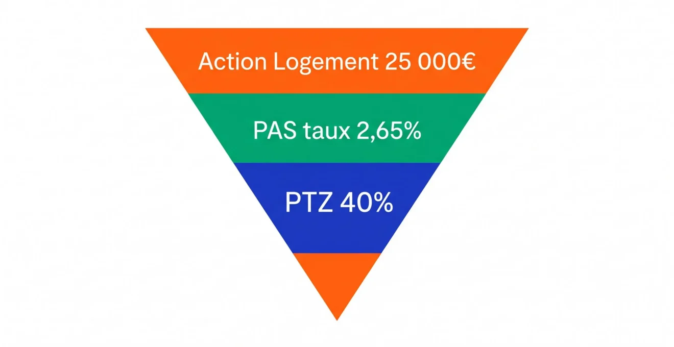 Diagramme en pyramide inversée à trois couches colorées montrant la superposition des dispositifs PTZ, PAS et Action Logement avec leurs montants respectifs en français