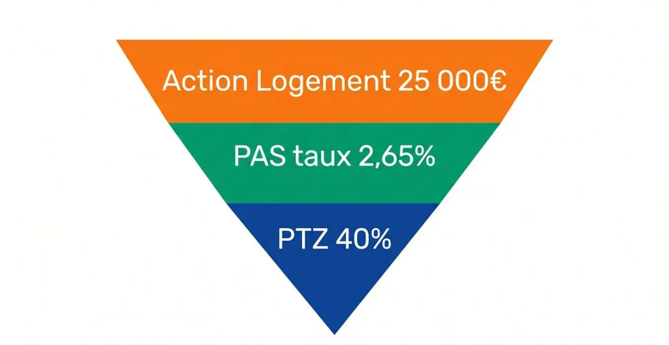Diagramme en pyramide inversée à trois couches colorées montrant la superposition des dispositifs PTZ, PAS et Action Logement avec leurs montants respectifs en français