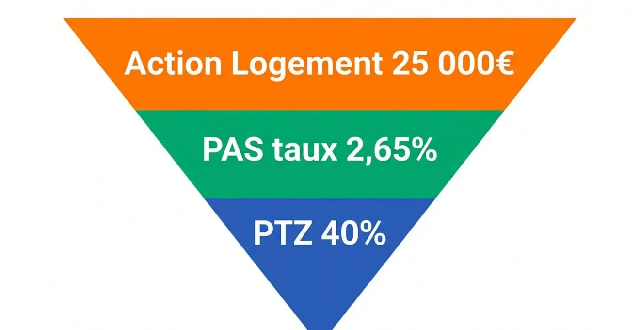Diagramme en pyramide inversée à trois couches colorées montrant la superposition des dispositifs PTZ, PAS et Action Logement avec leurs montants respectifs en français