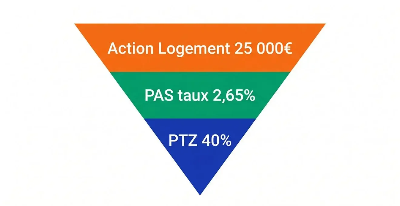 Diagramme en pyramide inversée à trois couches colorées montrant la superposition des dispositifs PTZ, PAS et Action Logement avec leurs montants respectifs en français