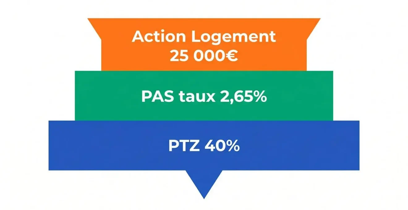 Diagramme en pyramide inversée à trois couches colorées montrant la superposition des dispositifs PTZ, PAS et Action Logement avec leurs montants respectifs en français