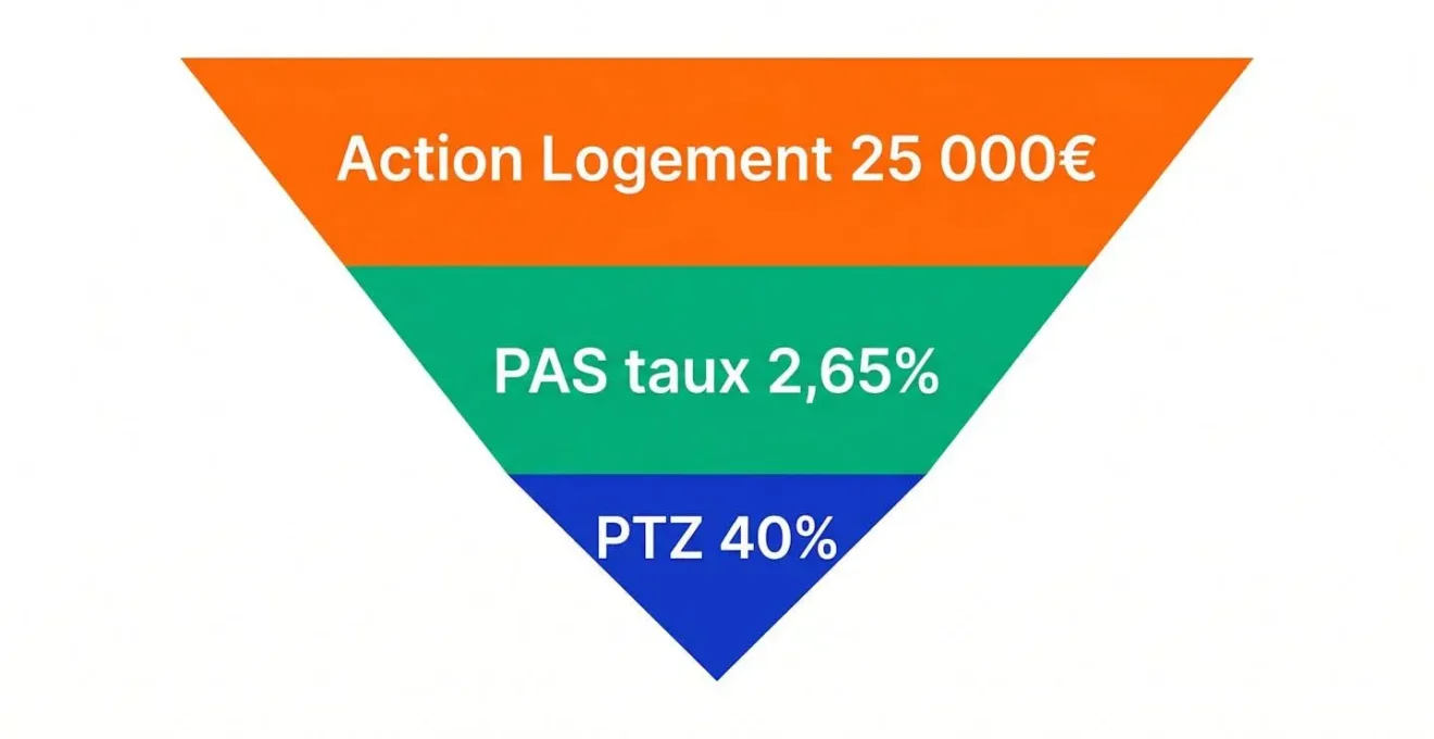 Diagramme en pyramide inversée à trois couches colorées montrant la superposition des dispositifs PTZ, PAS et Action Logement avec leurs montants respectifs en français