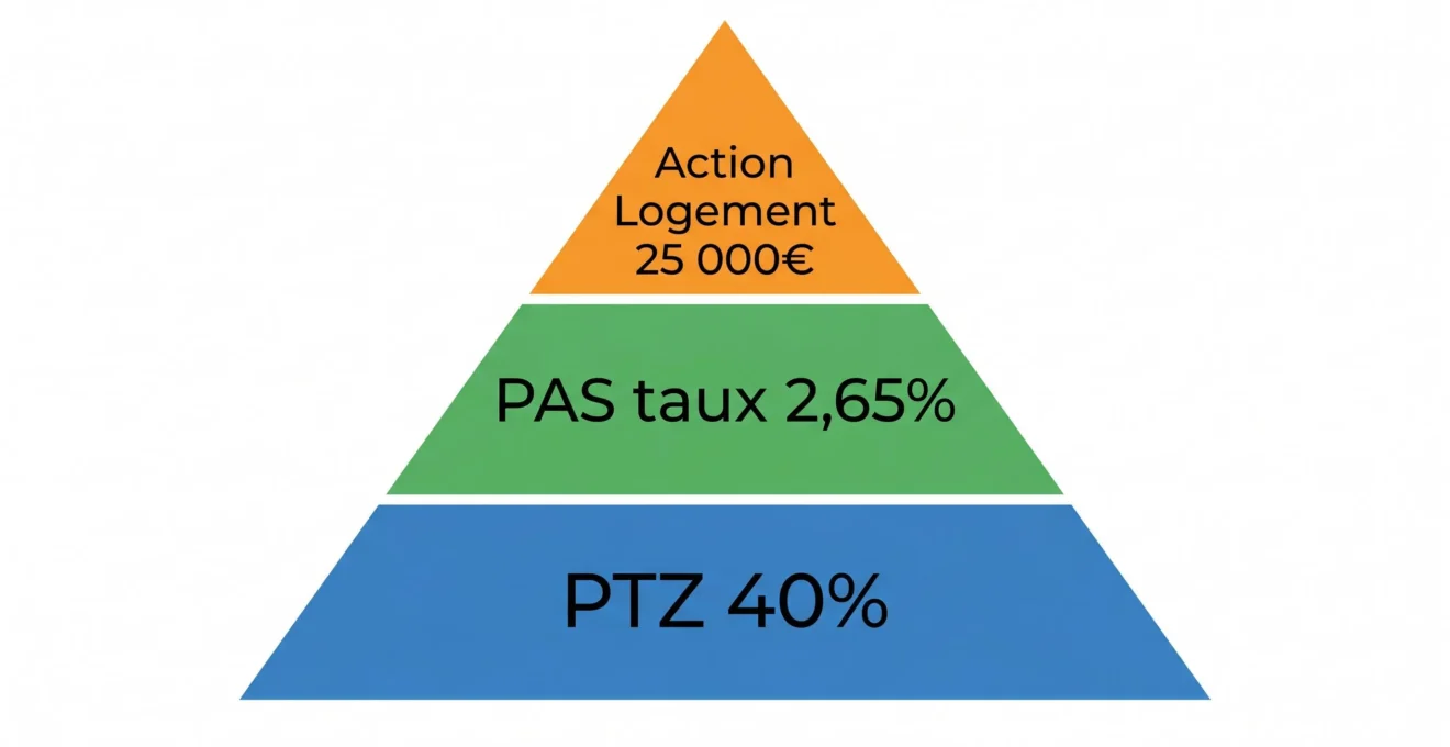 Diagramme en pyramide inversée à trois couches colorées montrant la superposition des dispositifs PTZ, PAS et Action Logement avec leurs montants respectifs en français