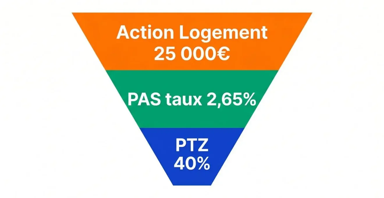 Diagramme en pyramide inversée à trois couches colorées montrant la superposition des dispositifs PTZ, PAS et Action Logement avec leurs montants respectifs en français