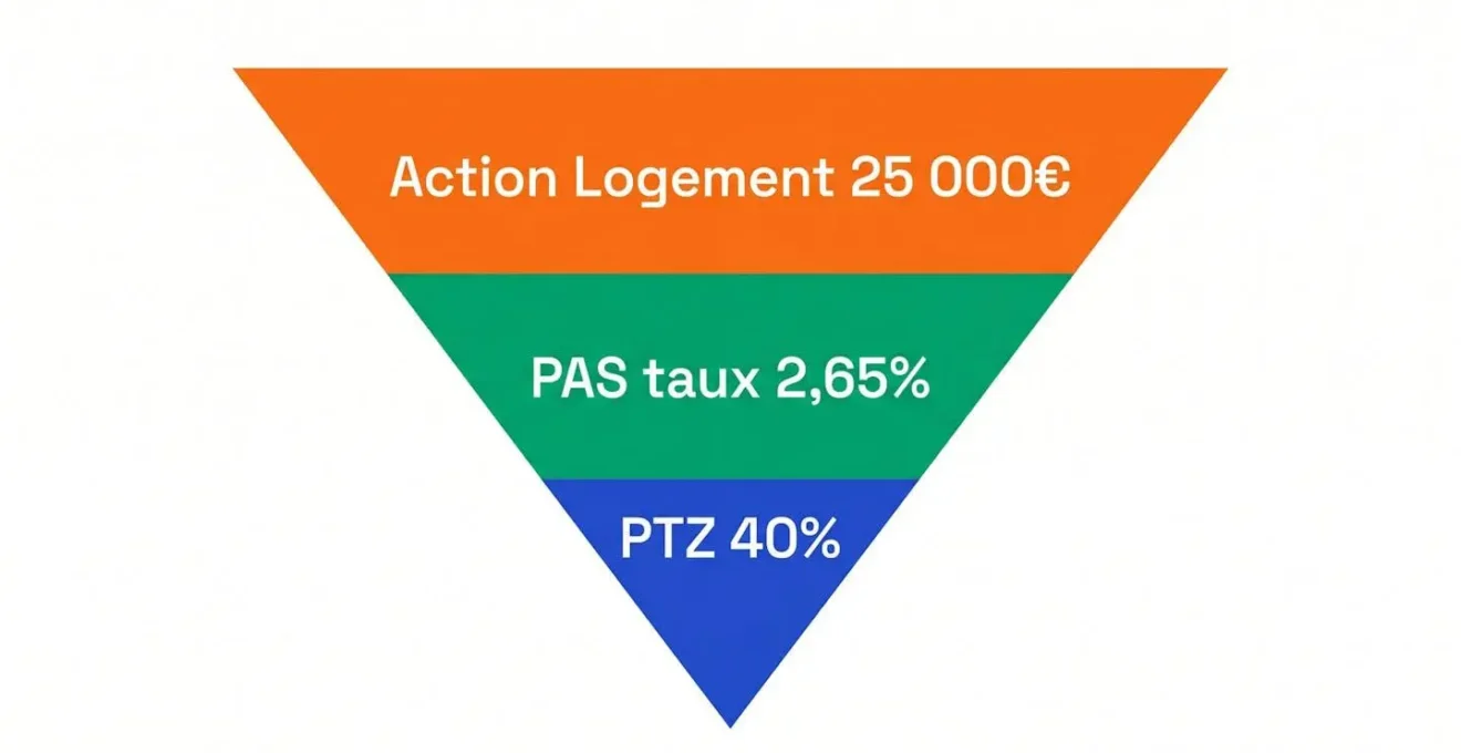Diagramme en pyramide inversée à trois couches colorées montrant la superposition des dispositifs PTZ, PAS et Action Logement avec leurs montants respectifs en français