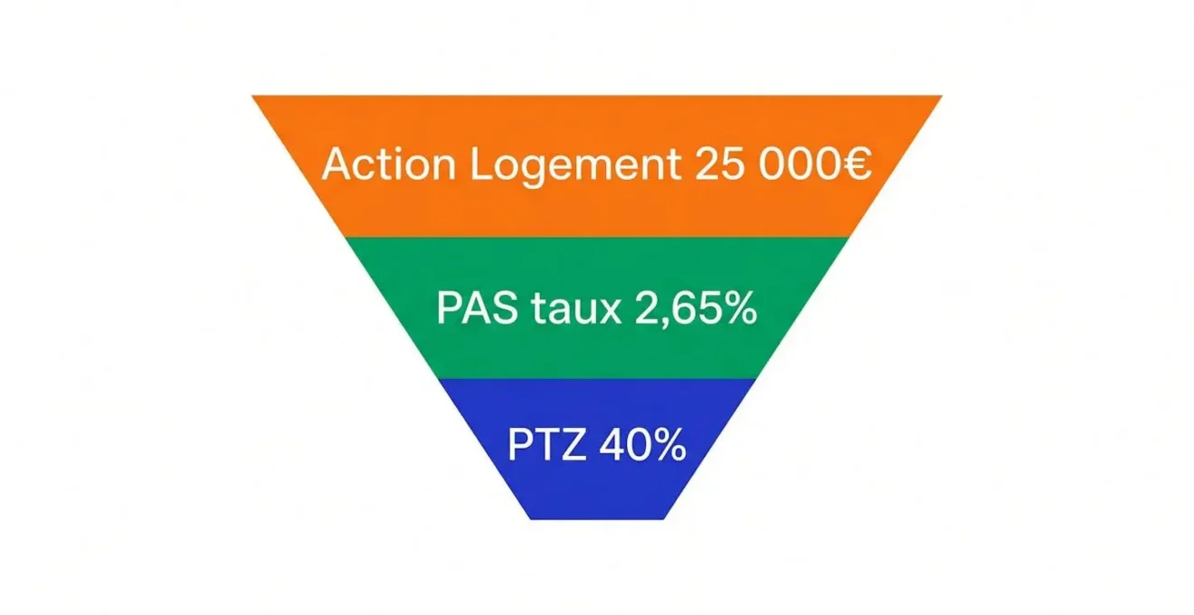 Diagramme en pyramide inversée à trois couches colorées montrant la superposition des dispositifs PTZ, PAS et Action Logement avec leurs montants respectifs en français