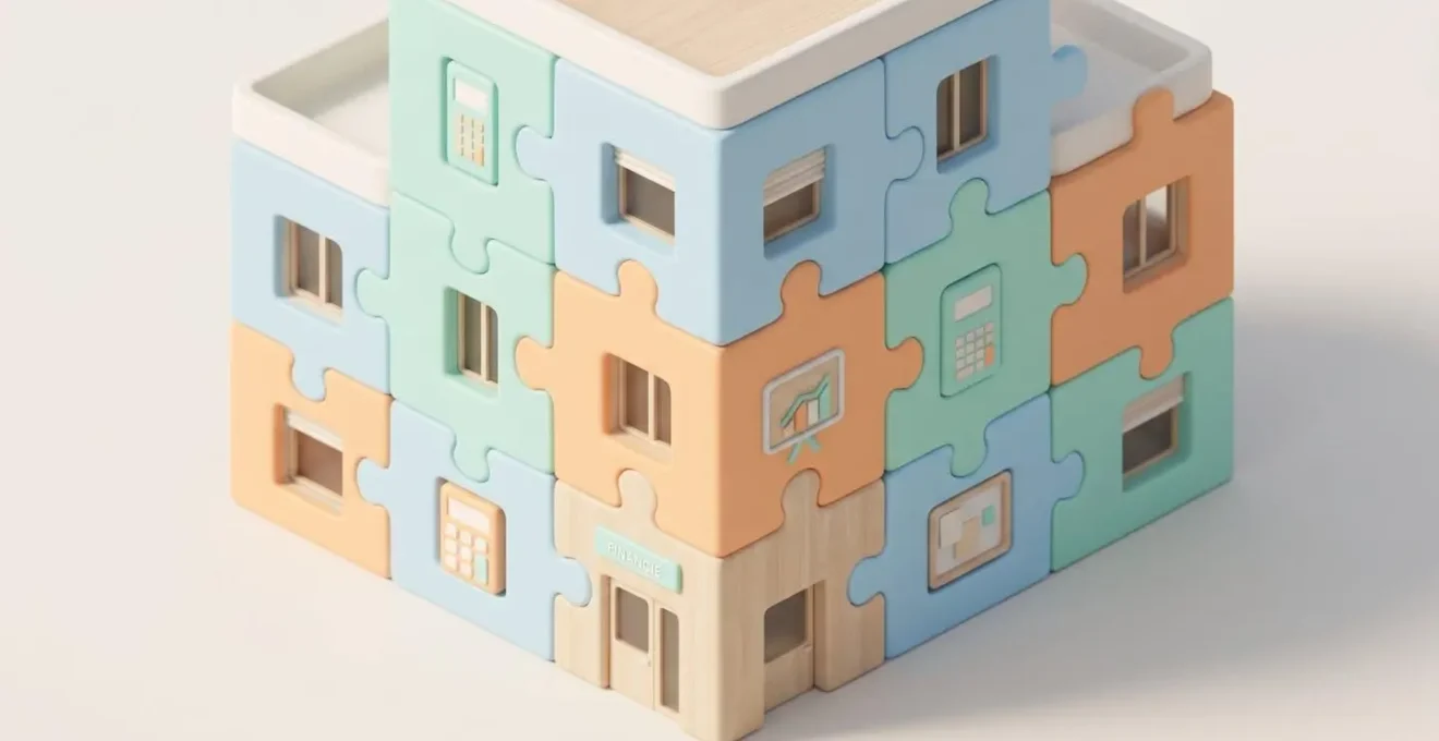 Illustration 3D isométrique d'un immeuble résidentiel moderne assemblé avec des pièces de puzzle géantes de couleurs pastel emboîtées, symbolisant les dispositifs financiers cumulables pour l'achat immobilier en zone tendue
