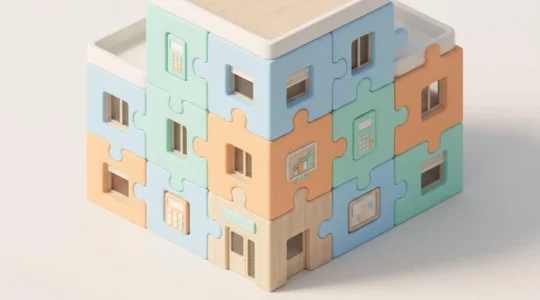 Illustration 3D isométrique d'un immeuble résidentiel moderne assemblé avec des pièces de puzzle géantes de couleurs pastel emboîtées, symbolisant les dispositifs financiers cumulables pour l'achat immobilier en zone tendue