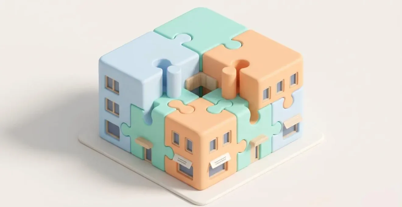 Illustration 3D isométrique d'un immeuble résidentiel moderne assemblé avec des pièces de puzzle géantes de couleurs pastel emboîtées, symbolisant les dispositifs financiers cumulables pour l'achat immobilier en zone tendue