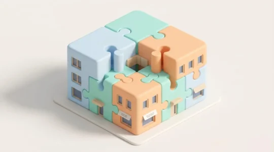 Illustration 3D isométrique d'un immeuble résidentiel moderne assemblé avec des pièces de puzzle géantes de couleurs pastel emboîtées, symbolisant les dispositifs financiers cumulables pour l'achat immobilier en zone tendue