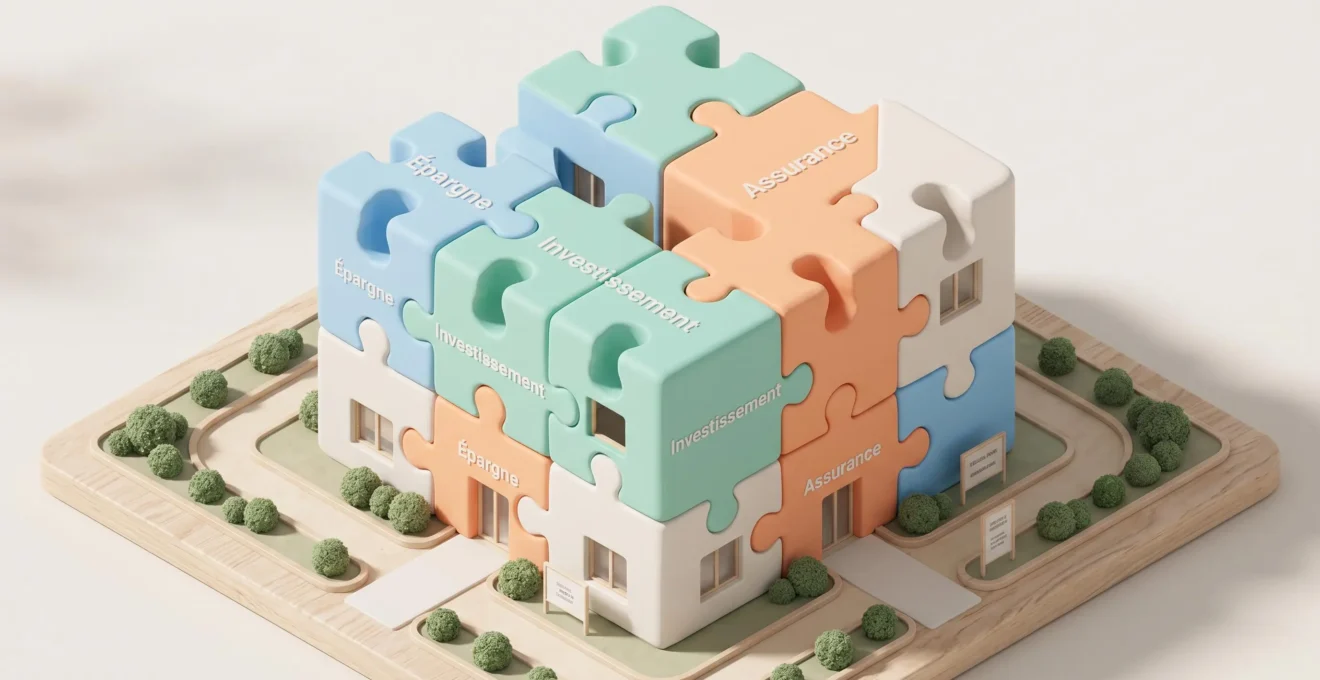 Illustration 3D isométrique d'un immeuble résidentiel moderne assemblé avec des pièces de puzzle géantes de couleurs pastel emboîtées, symbolisant les dispositifs financiers cumulables pour l'achat immobilier en zone tendue