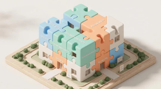 Illustration 3D isométrique d'un immeuble résidentiel moderne assemblé avec des pièces de puzzle géantes de couleurs pastel emboîtées, symbolisant les dispositifs financiers cumulables pour l'achat immobilier en zone tendue